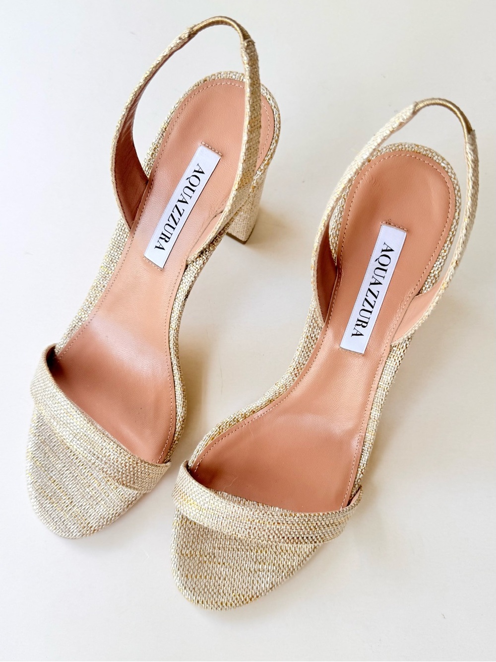 NWOB Aquazzura So Nude 85MM Metallic Sandals Woven Textile Gold Leather 39 $695 - Picture 10 of 12